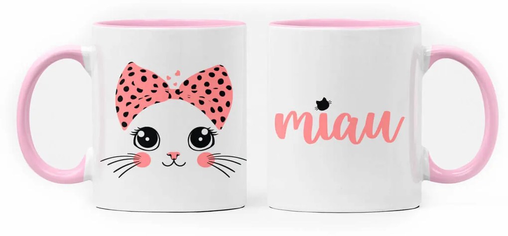 Caneca Gatinha Miau Geek Nerd Branca com Alça Rosa Claro