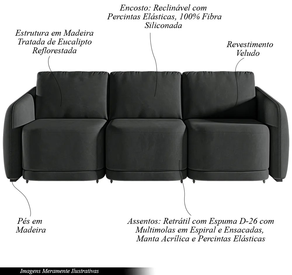 Sofá Cama Modulado Retrátil e Reclinável Decorativo Varsóvia 246cm Veludo Cinza Chumbo G33 - Gran Belo