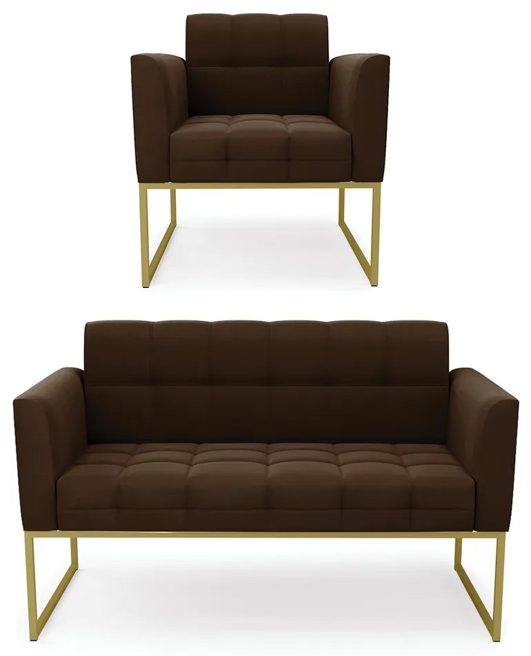 Kit 1 Sofá Namoradeira e 1 Poltrona Elisa Suede Marrom Base Metálica Industrial Dourado - D'Rossi