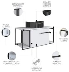 Gabinete Banheiro Suspenso 80cm Cuba Oval Ripy Branco/Preto Z54 - Mpoz
