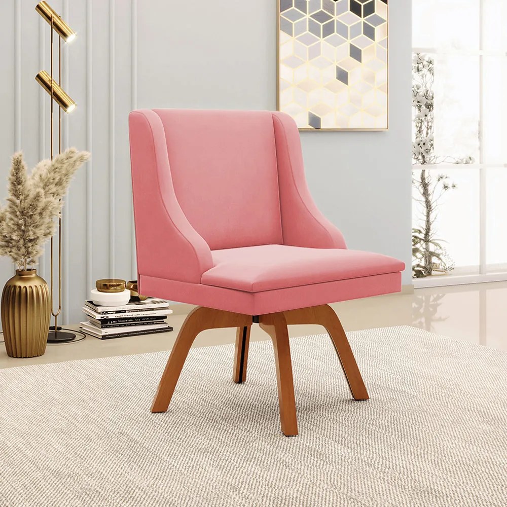 Poltrona Decorativa Base Giratória de Madeira Firenze Suede Rosê/Natural G19 - Gran Belo