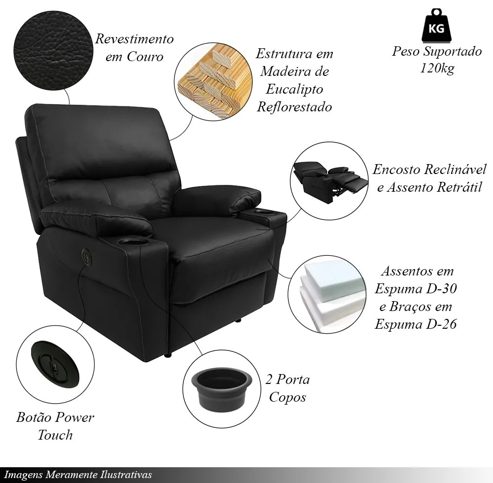 Poltrona do Papai Sala de Cinema Reclinável Mia Power Elétrico Base Fixa Couro Preto G40 - Gran Belo