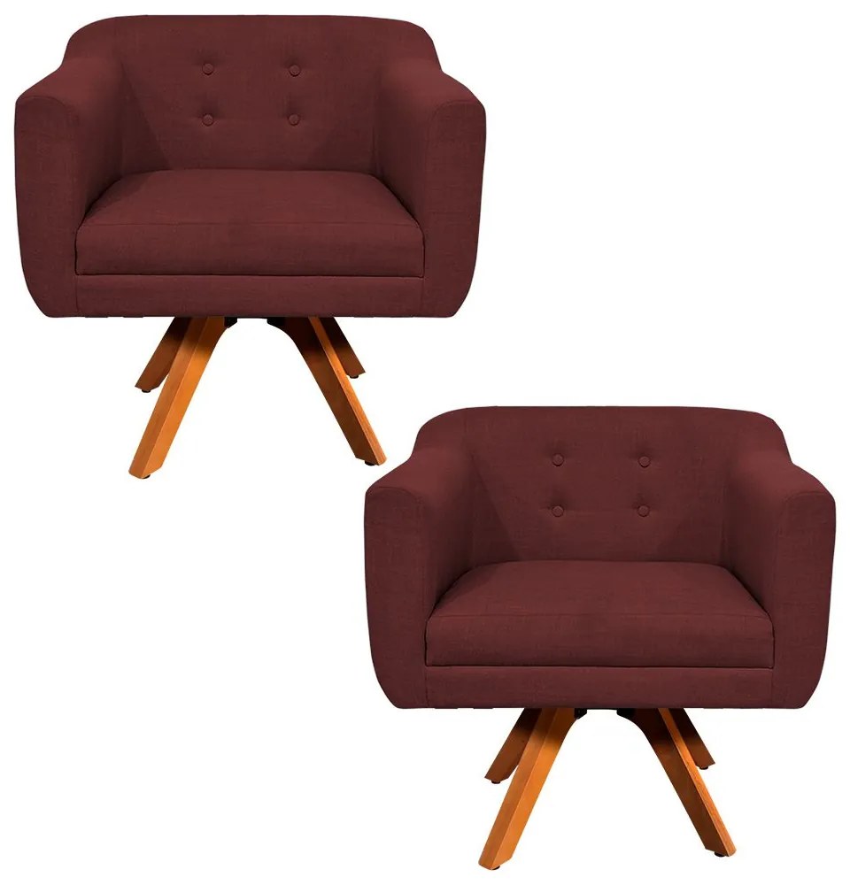 Kit 02 Poltronas Giratória Julia Linho Base Madeira MM30 D01 - D'Rossi - Bordô A48