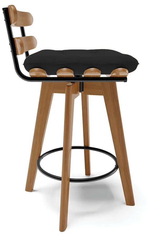 kit 02 Banquetas Giratória Costela Veludo Preto Base Madeira MA70 - DRossi