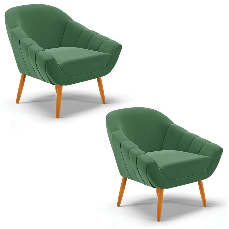 Kit 02 Poltronas Giovana Veludo Pés Palito Castanho - Indo Decorar - Verde Esmeralda