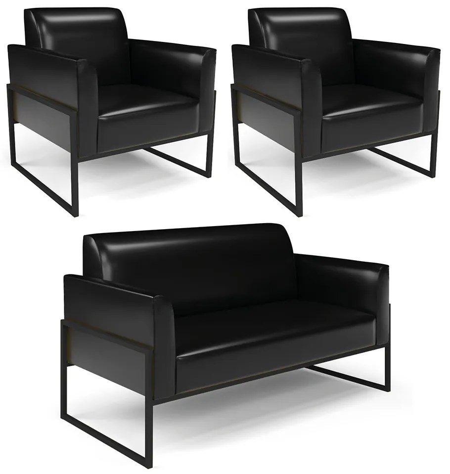 Sofá Namoradeira com 2 Poltronas Base Industrial Alta Preto Marisa Corano D03 - DRossi - Preto