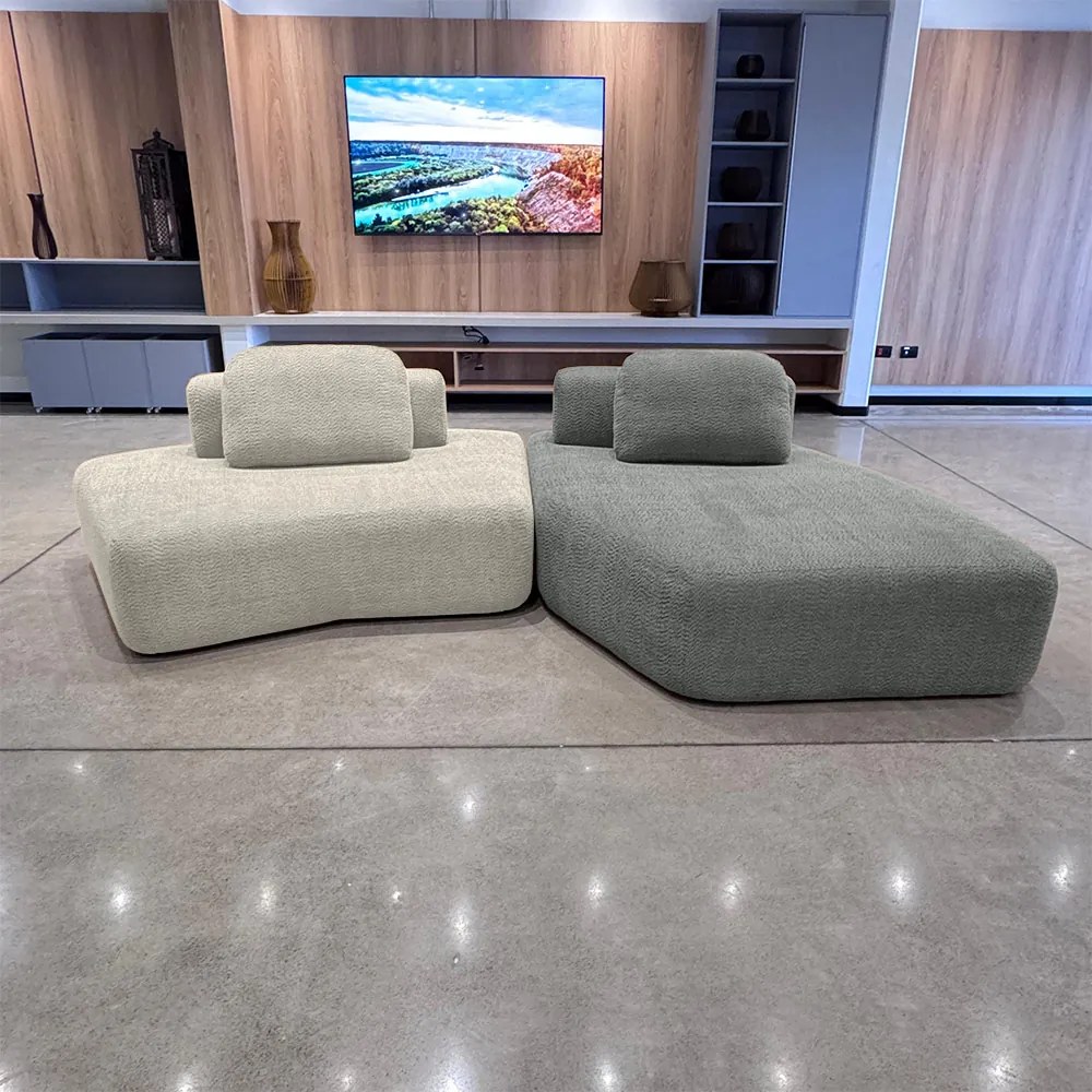 Sofá Ilha Sala de Estar Modulado Dakota com Chaise Encosto Almofadas Soltas Bouclê Rústico Greige/Cinza G33 - Gran Belo