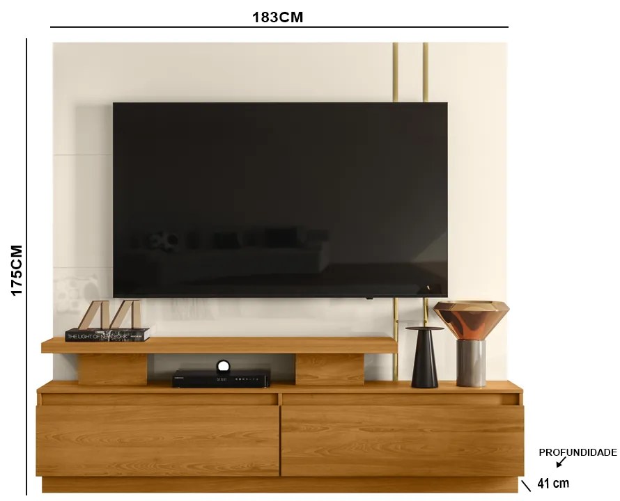 Estante de TV 75 Pol 183cm Sala de Estar Belora M20 - D'Rossi  - Cinamomo e Off White