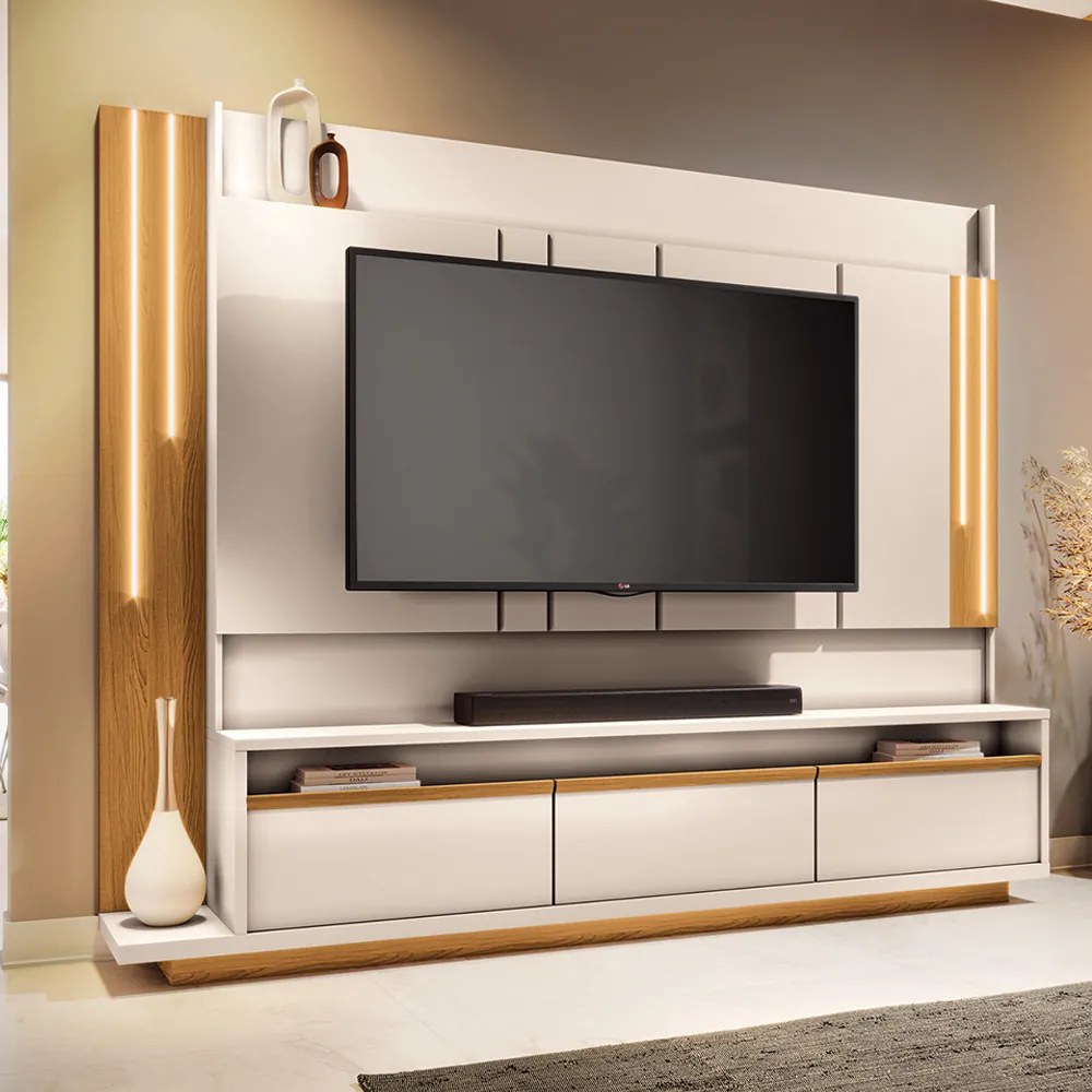 Home Theater Decorativo Montane para TV até 75" com LED Off White/Cinamomo G26 - HB Móveis