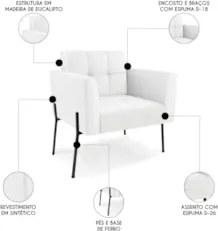 Poltrona Sala Pé Metal Preto Kit 2 Ana Sintético Branco - Ibiza