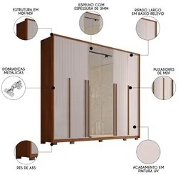 Guarda Roupa Casal 6 Portas com Espelho 265cm Quintus Freijó/Off White