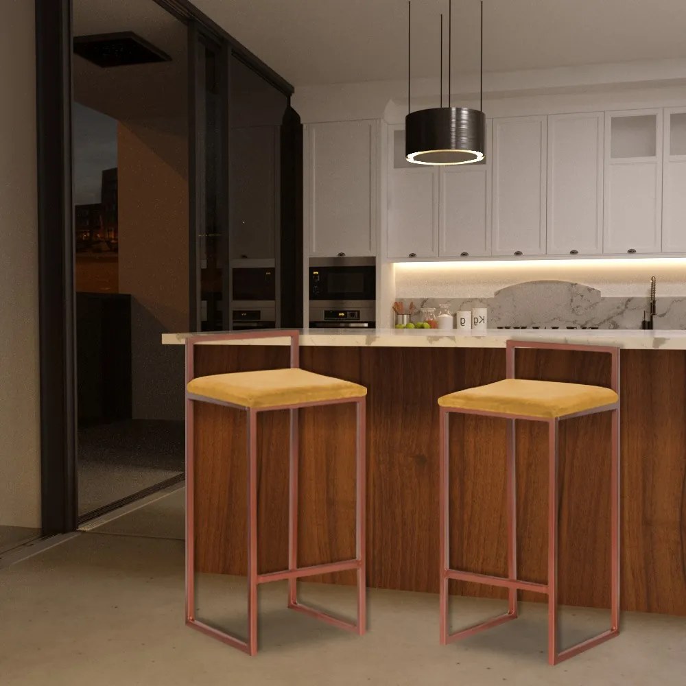 Banqueta Decorativa Selena Base Bronze Suede Mostarda G41 - Gran Belo