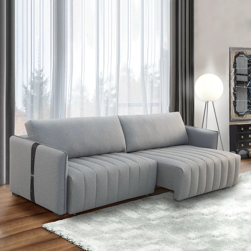 Sofá Sala de Estar 200cm Retrátril com Detalhe Lateral em PU Comala Linho Cinza G93 - Gran Belo