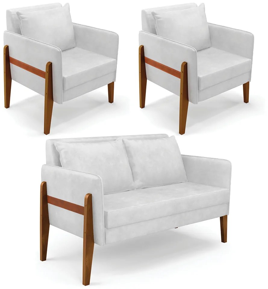 Kit 1 Sofá Namoradeira e 2 Poltronas Lana Corano Branco Base de Madeira