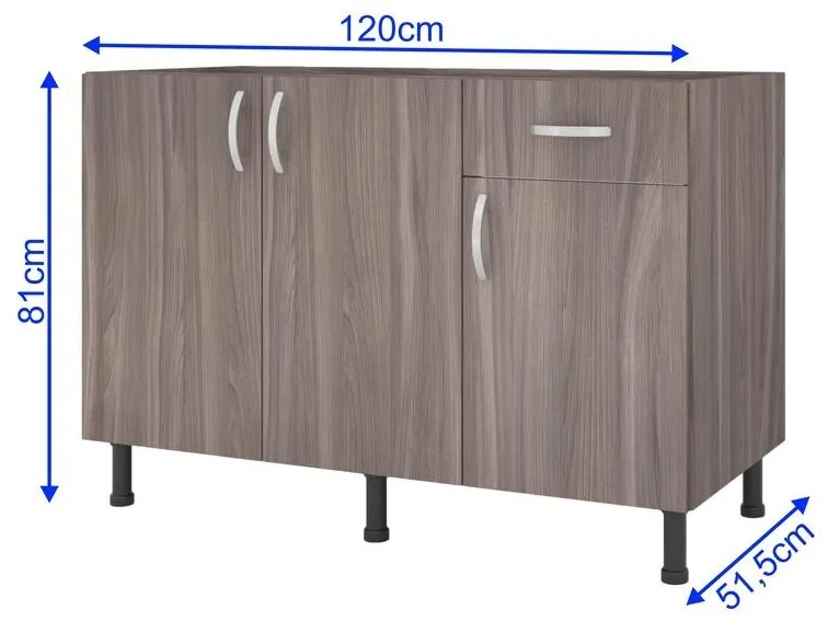 Balcão Viena Cozinha 120cm 3 Portas 1 Gaveta Cinza Carvalho