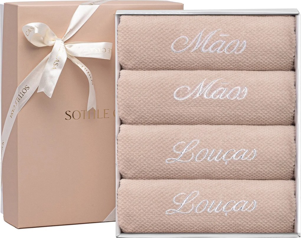 Kit 4 Panos de Prato Prime 100% Algodão Louças e Mãos c/ Caixa de Presente - Bege  Bege