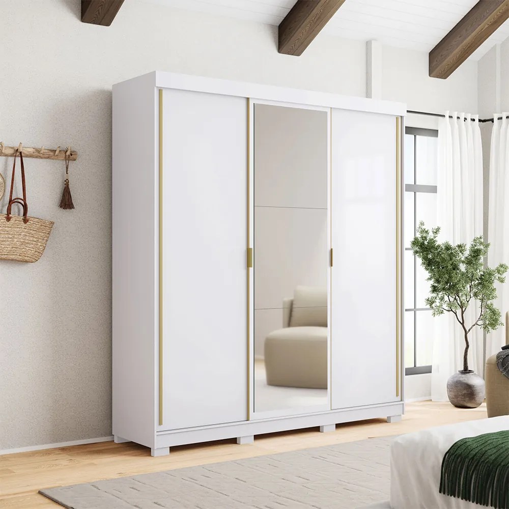 Guarda Roupa Casal Heros 3 Portas de Correr Dupla Face com Espelho MDF Branco/Terracota G98 - Gran Belo