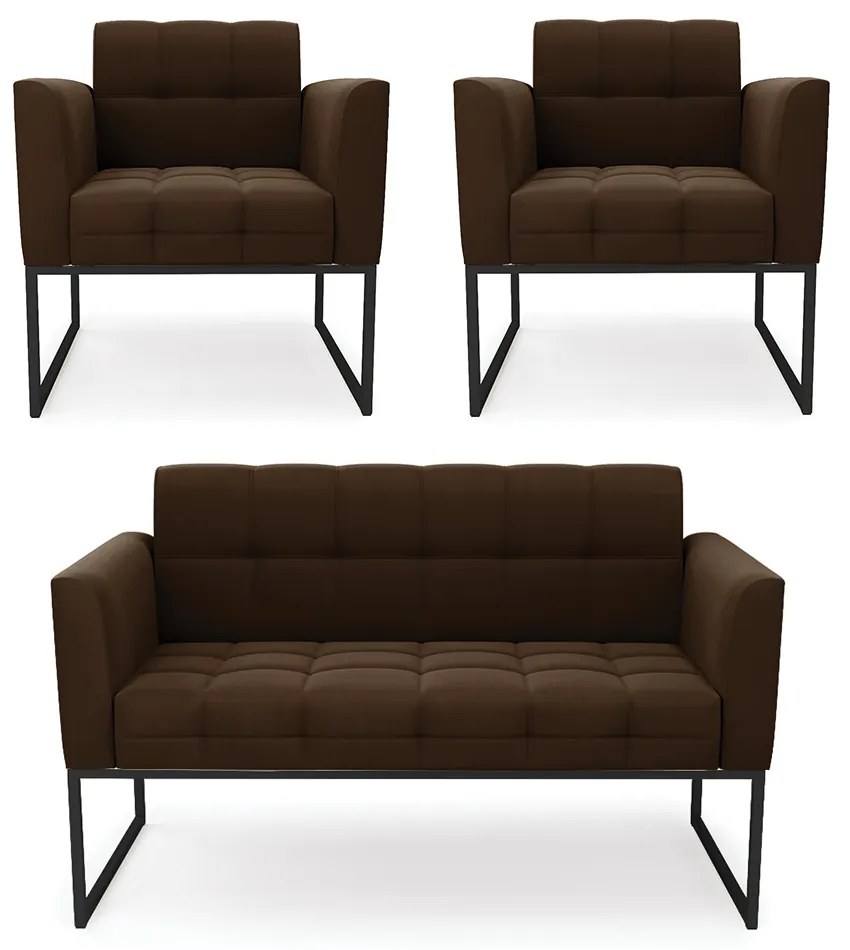 Kit 1 Sofá Namoradeira e 2 Poltronas Elisa Suede Marrom Base Metálica Industrial Preto - D'Rossi