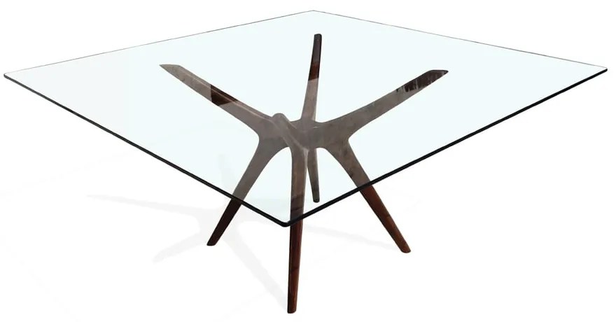 Mesa de Jantar Palito Quadrada Tampo de Vidro Base Eucalipto Design Retrô