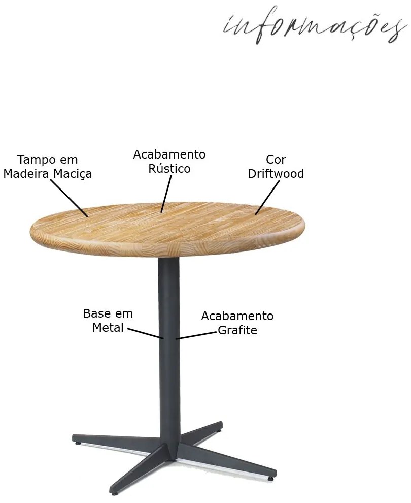Mesa Sala de Jantar Cozinha Shery Redonda 70cm Grafite Madeira Maciça Driftwood G54 - Gran Belo