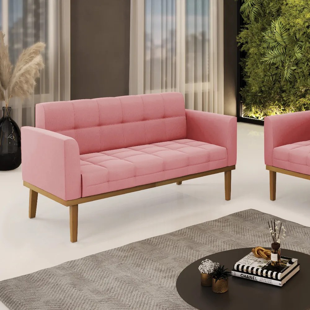 Sofá Namoradeira 2 Lugares Base de Madeira Castanho Elisa Suede D03 - DRossi - Rose