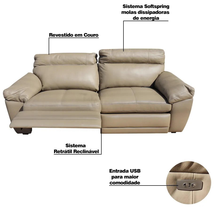 Sofá 2 Lugares Reclinável Elétrico Jotta 220cm Couro Bege G43 - Gran Belo