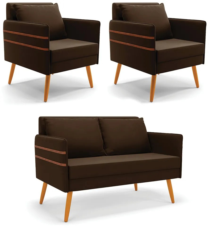 Kit 1 Namoradeira 02 Lugares e 2 Poltronas Mari Suede Marrom Pés Palito Castanho - D'Rossi