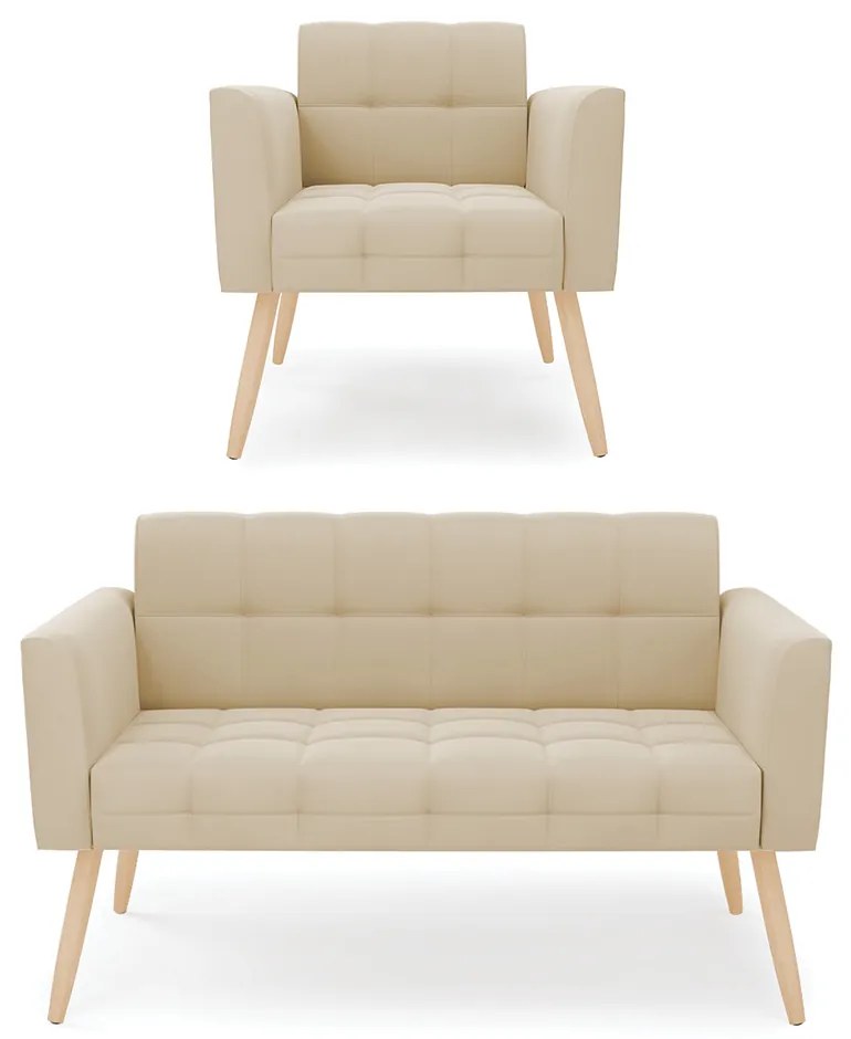 Kit 1 Sofá Namoradeira e 1 Poltrona Elisa Suede Bege Pés Palito Natural - D'Rossi