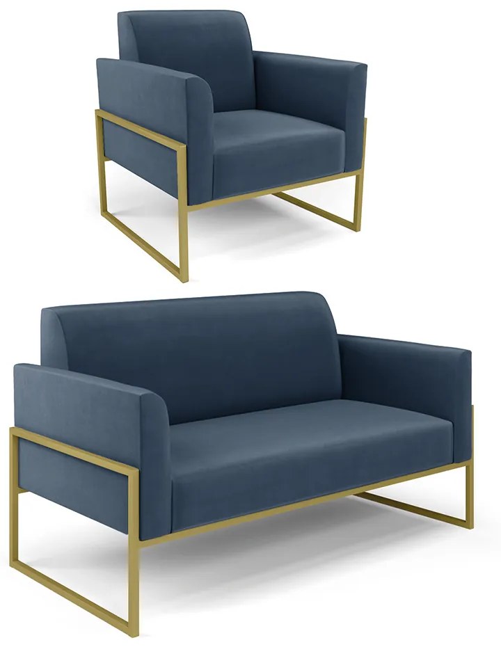 Sofá Namoradeira com Poltrona Base Industrial Alta Dourado Marisa Suede D03 - D'Rossi - Azul Marinho