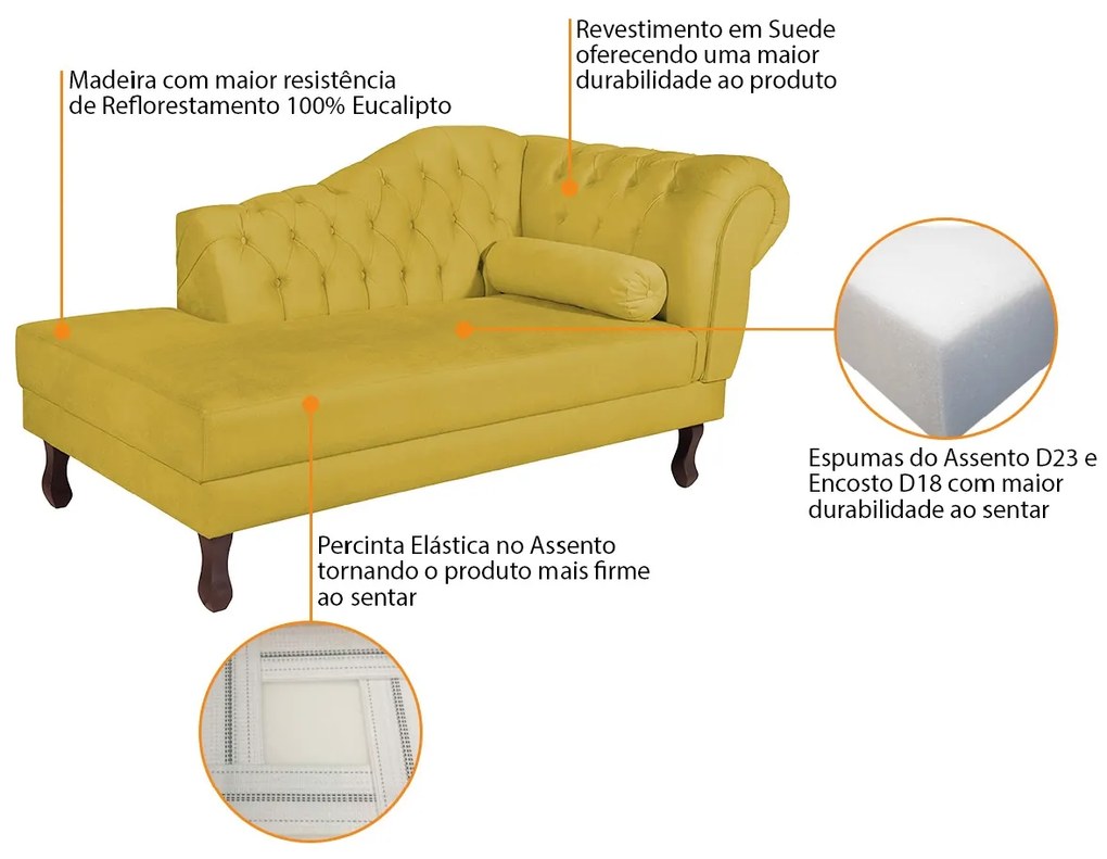 Recamier Diana 185cm Lado Esquerdo Suede Amarelo - ADJ Decor