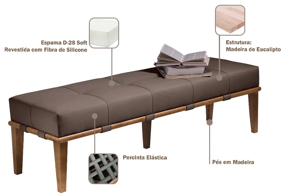 Recamier Decorativo 160cm Martínez Linho Pés Madeira Marrom/Natural G62 - Gran Belo