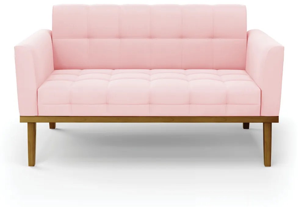 Sofá Namoradeira 2 Lugares Base de Madeira Castanho Elisa Suede D03 - DRossi - Rosa Bebê