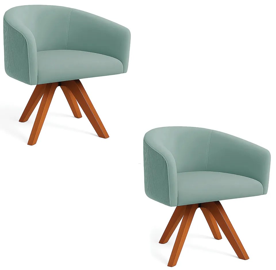 Poltrona Sala Base Giratória Madeira Kit 2 Arielle Veludo Cotelê D03 - D'Rossi - Menta