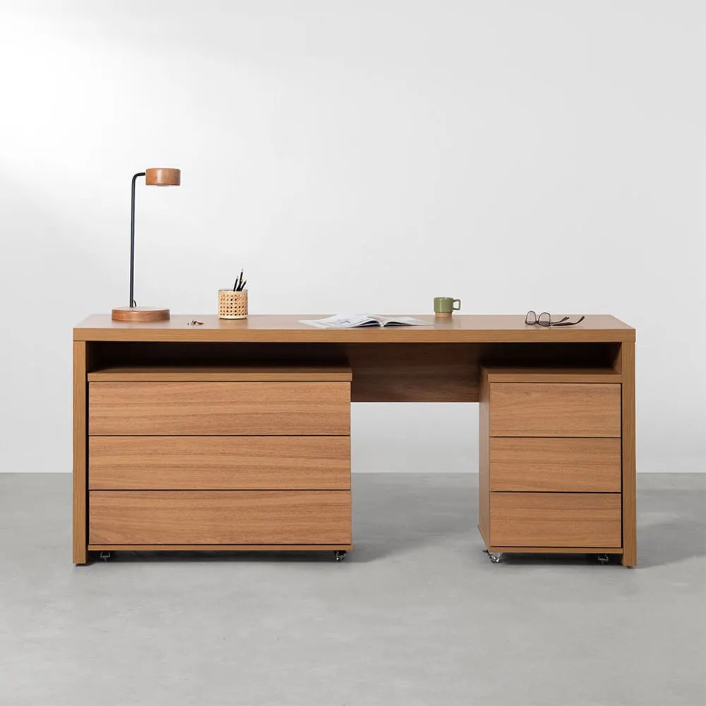 Conjunto Office - Bancada Contemporânea New Louro Freijó 1,80m + Módulo 3 Gavetas 42,5cm + Módulo 3 Gavetas 85cm - Louro Freijó