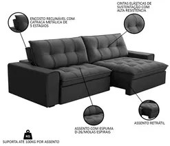 Sofá Retrátil Reclinável 3 Lugares 250cm Argon F05 Veludo Grafite - Mp