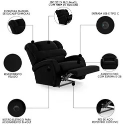 Poltrona do Papai Reclinável Kalie Power Elétrica USB FH9 Veludo Preto