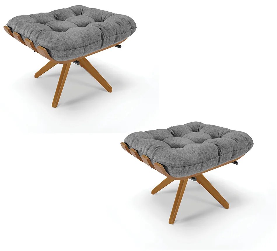 Kit 02 Puffs Giratório Costela Linho Grafite A26 Base Madeira - D'Rossi