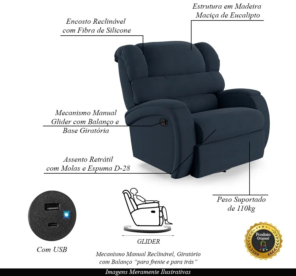 Poltrona do Papai Sala de Cinema Reclinável Kylie Glider Manual Giratória USB Veludo Azul G23