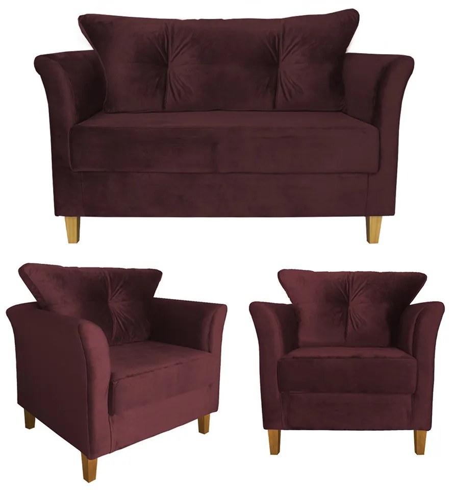 Kit Sofá Namoradeira + 2 Poltronas Ibis Decorativa Suede Bordô