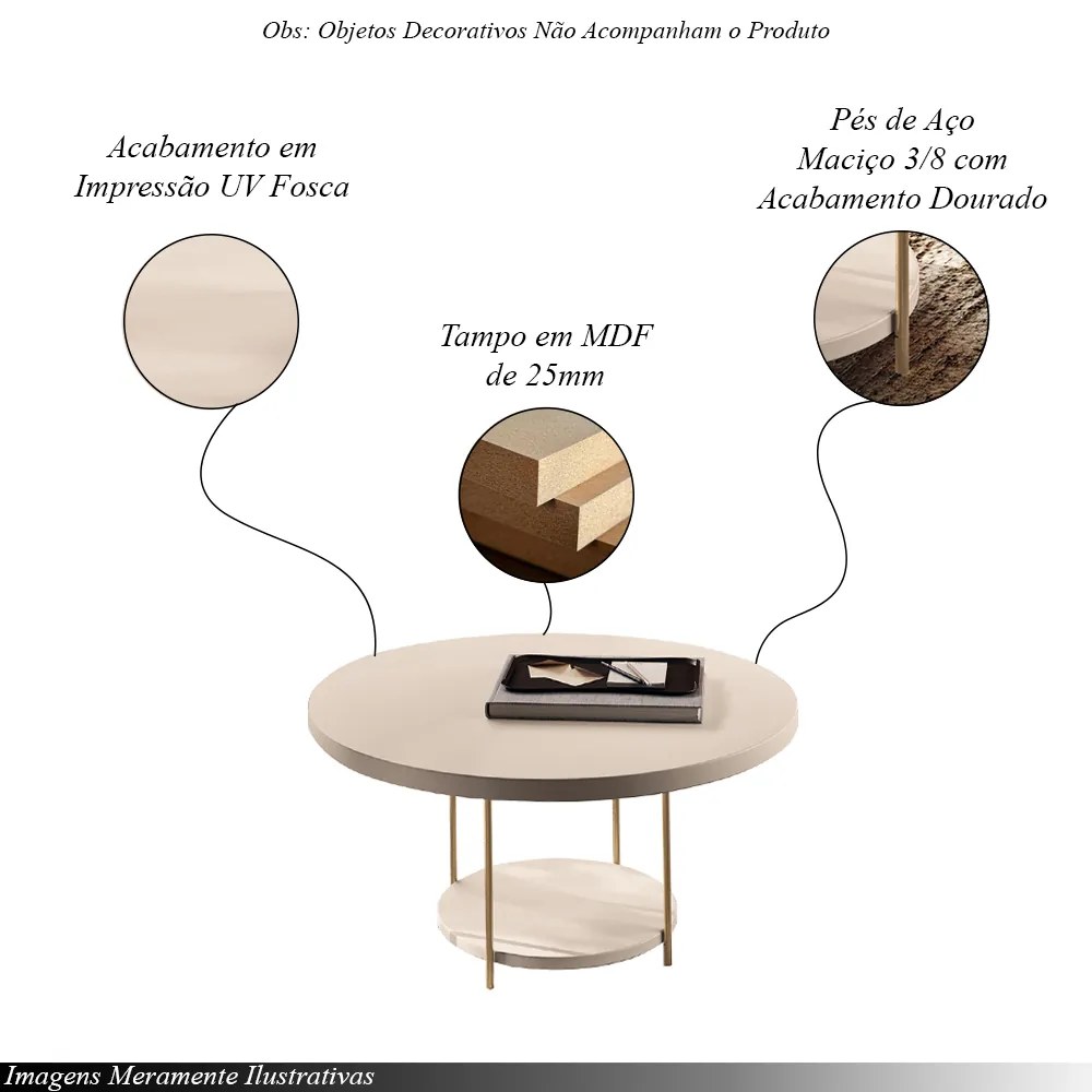 Mesa de Centro Sky para Sala de Estar com Tampo MDF e Pés em Aço Off White G26 - Hb Móveis