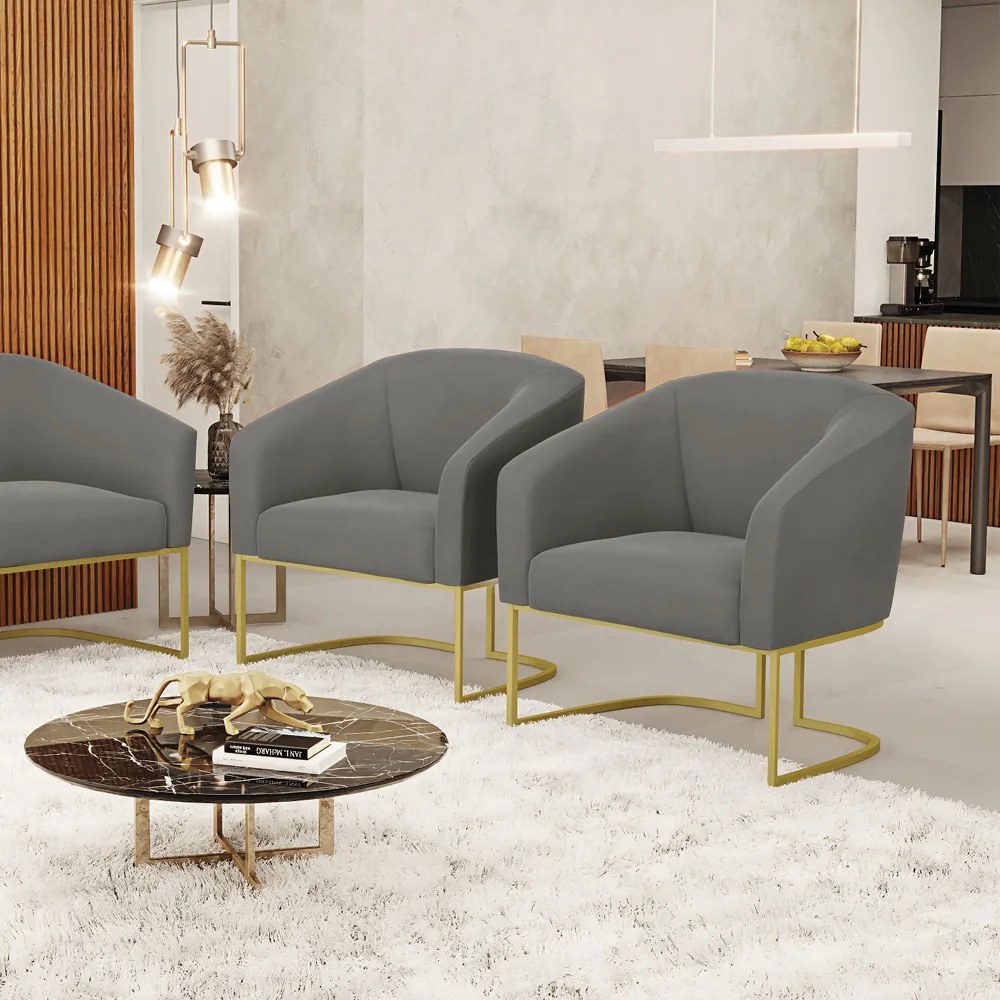 Cadeira Sala de Jantar Base Industrial Dourado Kit 2 Stella Suede D03 - D'Rossi - Grafite