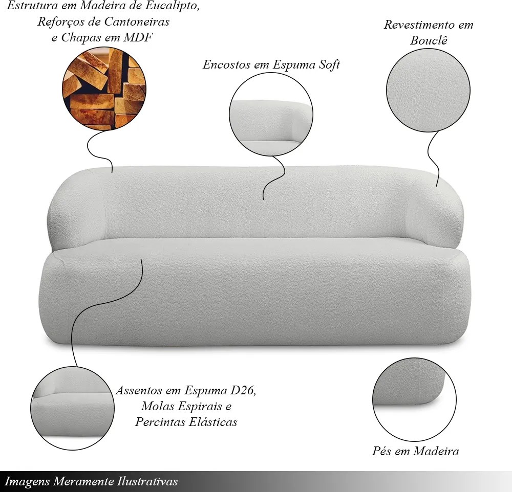 Conjunto Sala de Estar Decorativo Charlote 1 Poltrona Namoradeira 150cm 1 Poltrona Base Fixa com Puff Bouclê Cinza G88 - Gran Belo