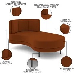 Chaise Longue Divã 164cm Braço Esquerdo Logus D06 Veludo Telha - Mpoze