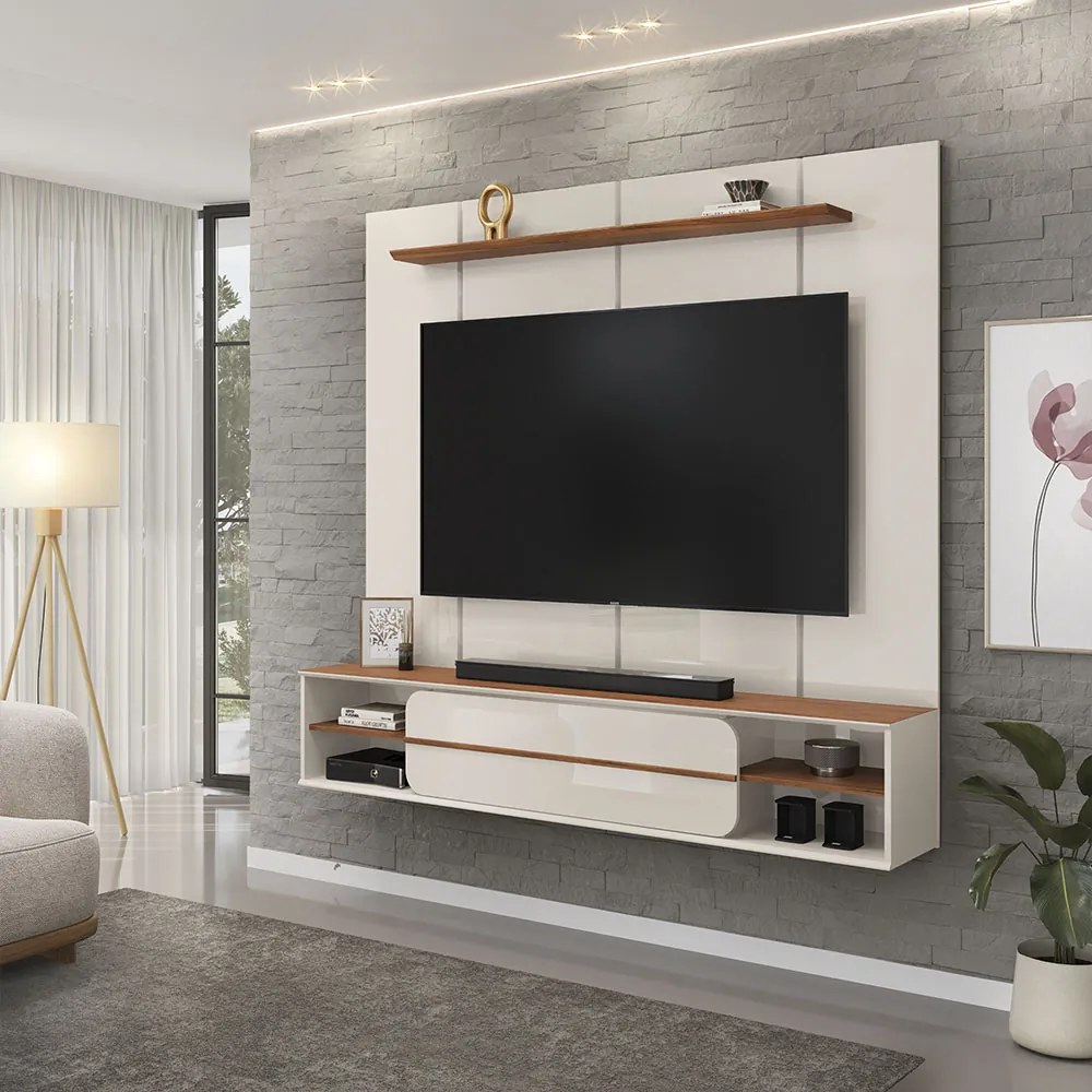 Painel Suspenso Ursula TV 70" Nichos Laterais OffWhite/Freijó G18 - Gran Belo