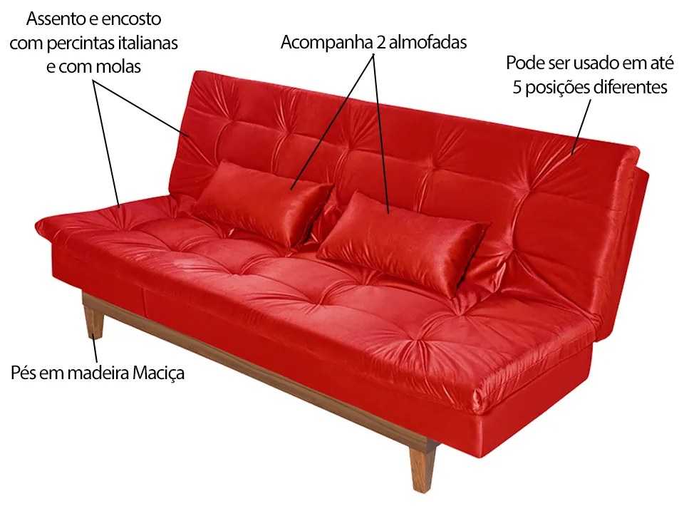 Sofá Cama Reclinável 2 Lugares Change Veludo Vermelho G30 - Gran Belo