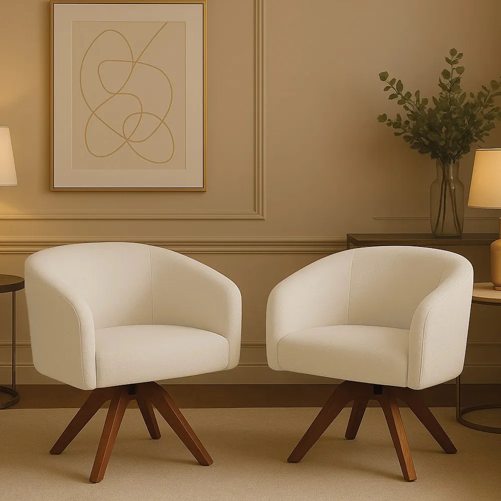 Poltrona Sala Base Giratória Madeira Kit 2 Arielle Bouclê Bege D03 - D'Rossi