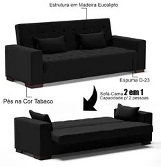 Sofá Cama para Sala de Estar Lisboa Linho Preto - Ibiza