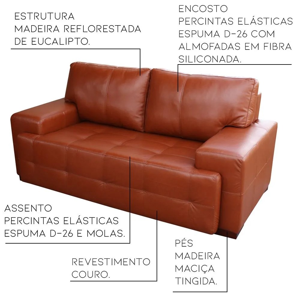 Sofá 2 Lugares Sala de Estar Roma 180 cm Couro Conhaque G58 - Gran Belo