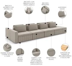 Sofá Ilha e Puff Sala Living 505cm Siesta Z32 Veludo Bege  - Mpozenato