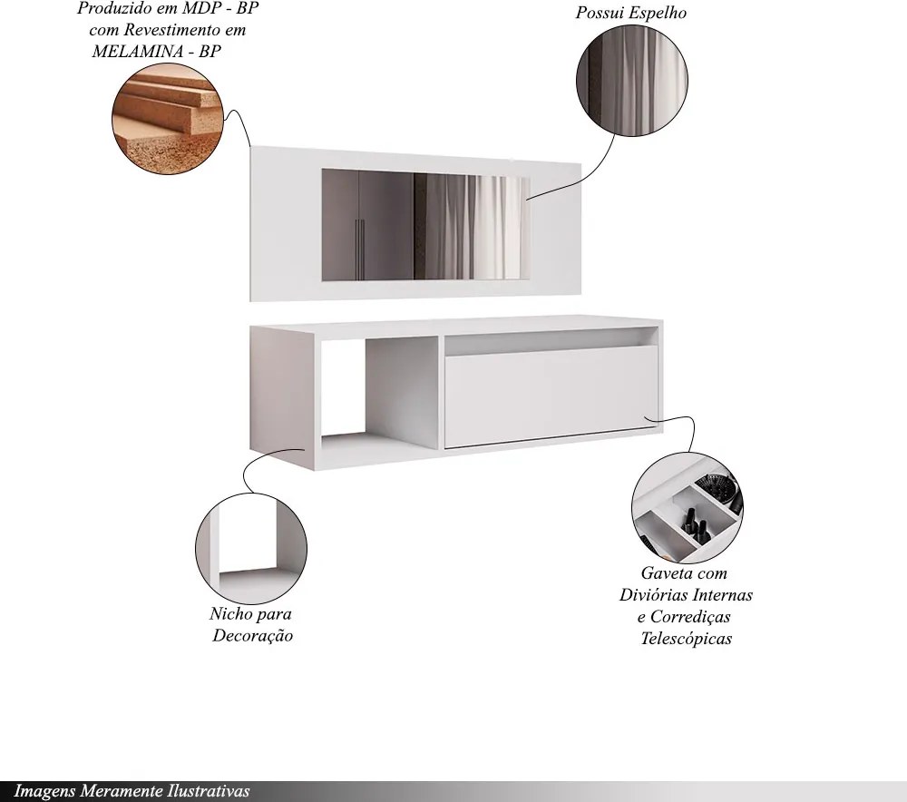 Penteadeira Camarim Gênesis com Nicho Decorativo e Gaveta Branco G96 - Gran Belo